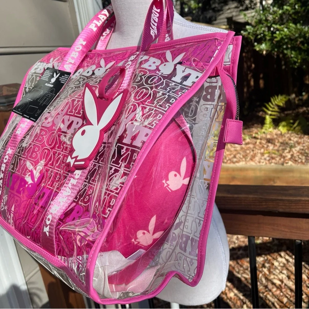 Playboy Travel Tote PINK Signature Logo Clear Thick PVC Vinyl 4 Piece Set NWT - Picture 4 of 14